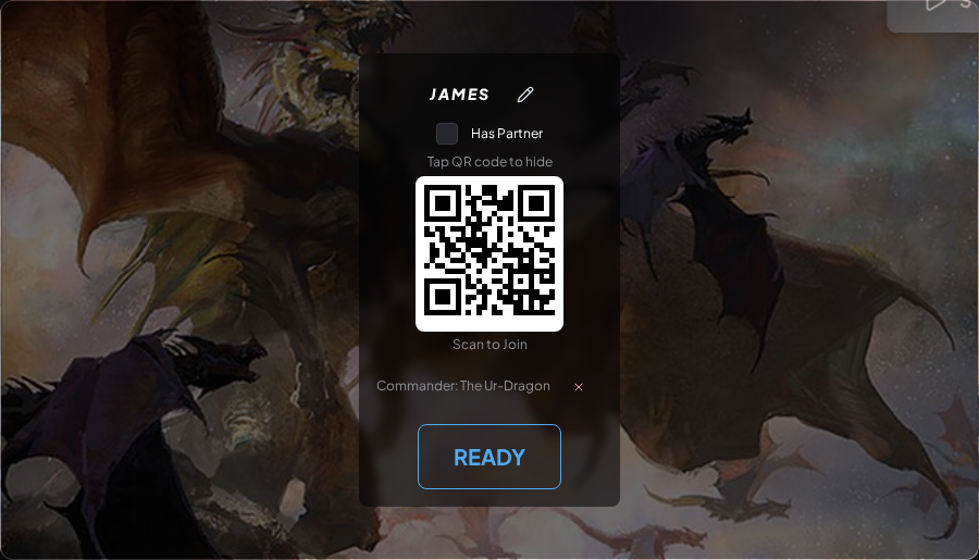 A game seat showing the QR code a guest scans to join the table and pick their commander