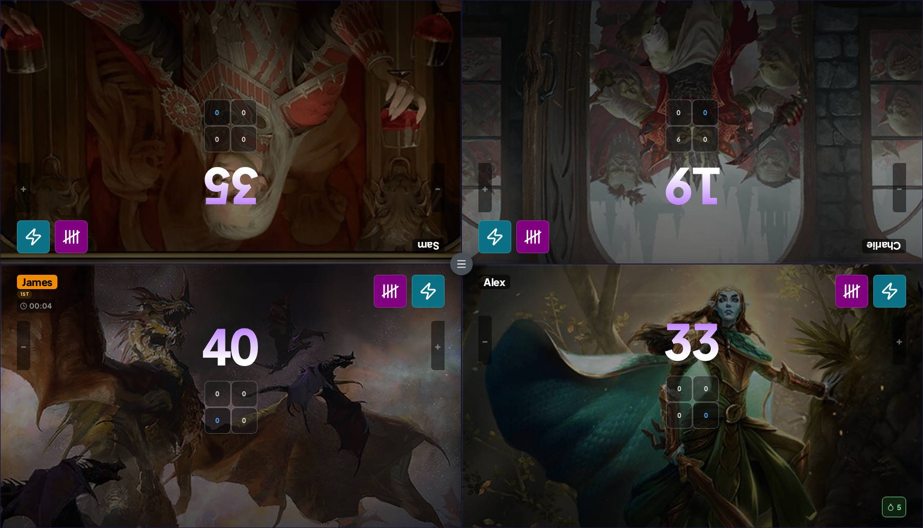 Live Commander game on a tablet with synced life totals, commander damage, poison, turn order and counters