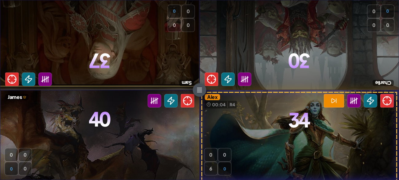 Nexus shared mobile phone view showing the same four-player Commander table in landscape