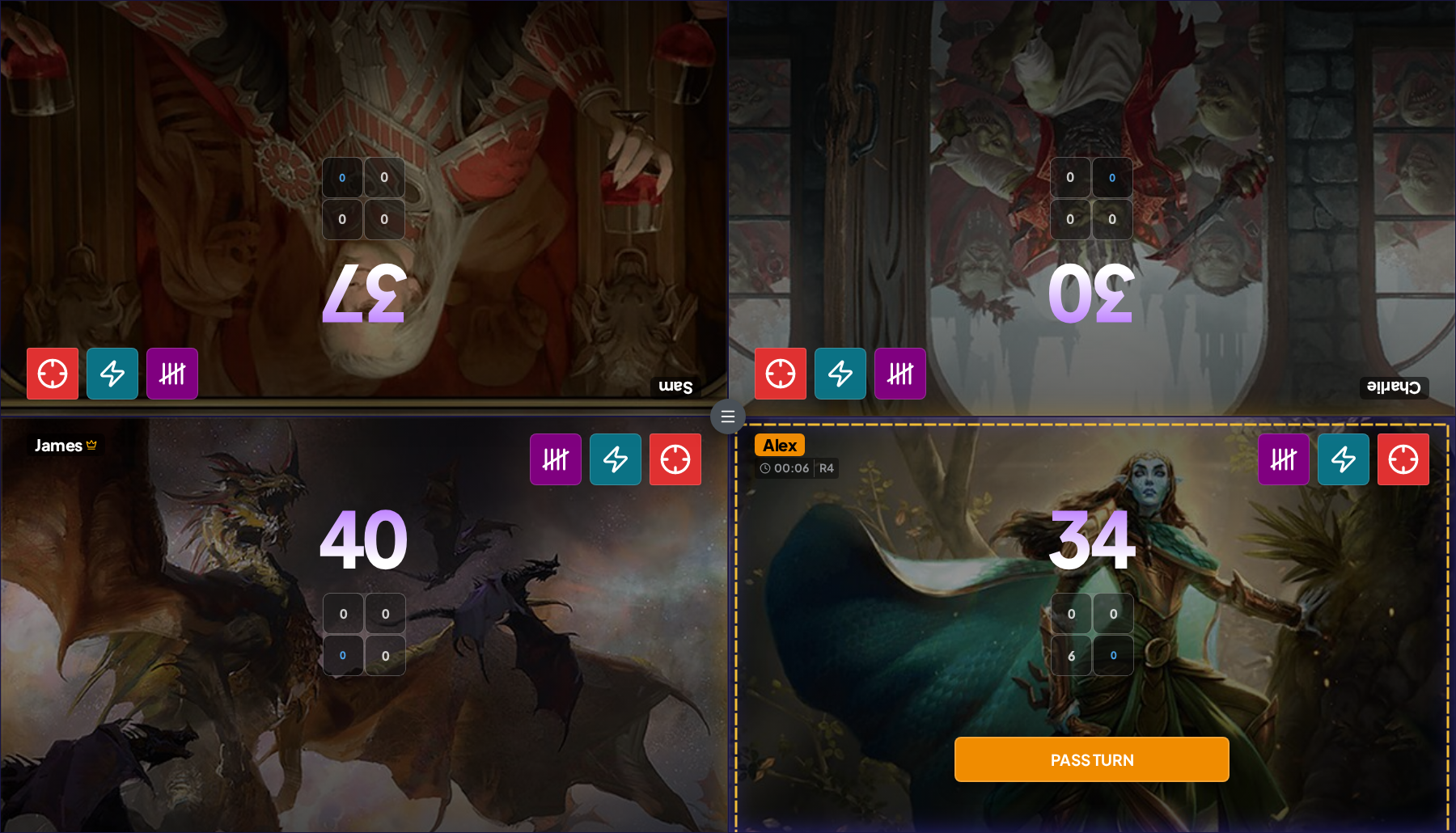 Nexus shared tablet view showing a four-player Commander game with synced life totals and an active turn