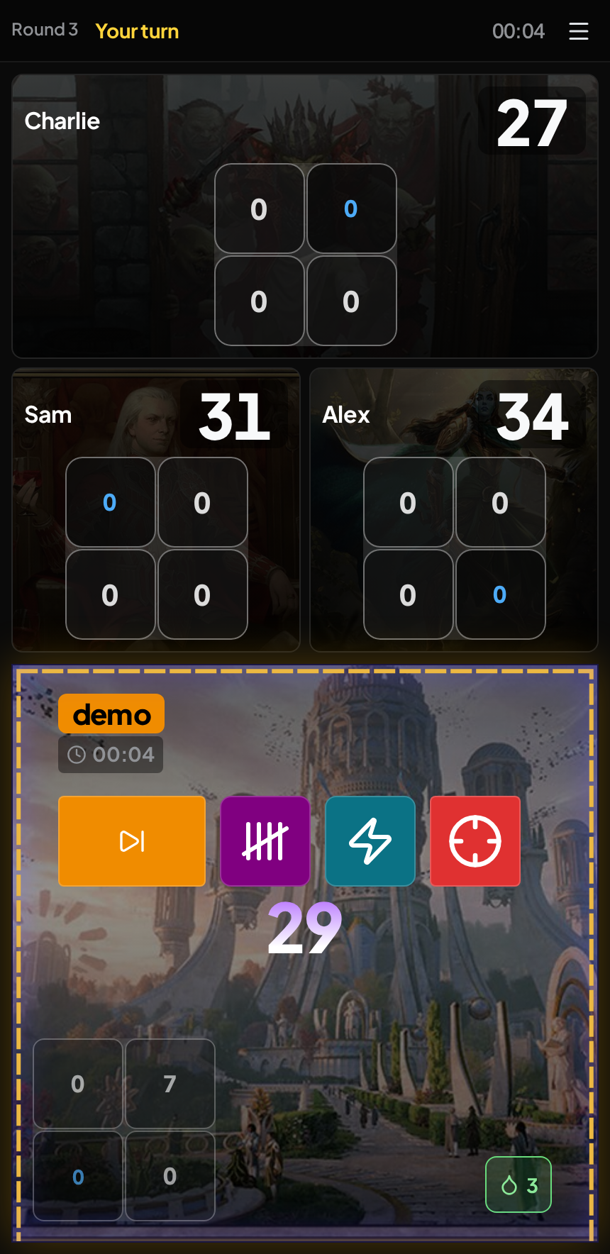 Nexus single-player phone view: a focused personal seat with the opponents tiled above